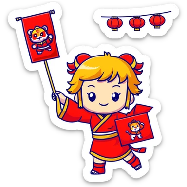 cute chibi girl in festive red embroidered skirt, gold hair accessories, red envelope hair clip, cartoon lion dance helmet, holding gold '恭喜发财' banner with both hands, smiling, full body, main colors red and gold, strong Chinese New Year vibe, cartoon style sticker