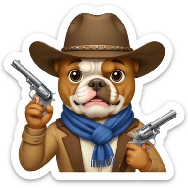 A bulldog wearing a cowboy hat, covering his face with a scarf so he wouldn't be recognized, pointing a revolver at you, telling you to hand over your money. sticker