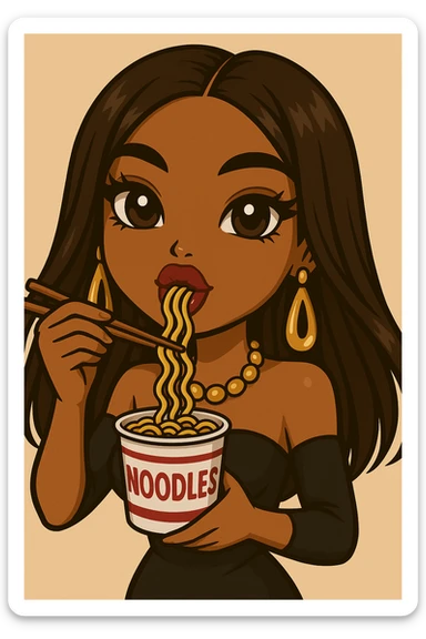 Remove any winking, keep both eyes open, eating a cup of noodles with chopsticks, headshot only, 20-year-old anime Bratz style woman with dark skin, straight hair, trendy outfit, big expressive eyes, glossy lips, no hat, no tears, happy expression, looking straight ahead. Maintain the anime Bratz style and the described features. sticker