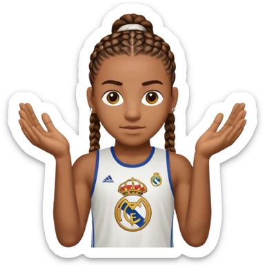 Make raphinha strong with cornrows and buff holding a the real madrid logo in between hid hands sticker