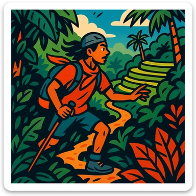 comic book panel 2: the Bali nomad hikes through dense jungle and rice terraces, discovering a hidden path, dynamic action, bold lines, vibrant colors, comic book style sticker