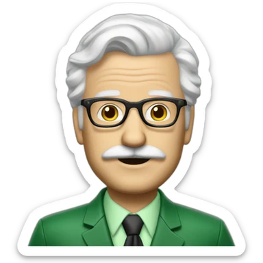 meester frank visser white hair, white mustache and glasses. Nice green suite sticker