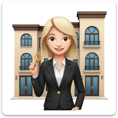 woman in elegant suit, holding keys, smiling, standing in front of a modern Dubai townhouse sticker