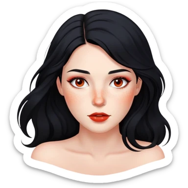 woman with flowing black hair, natural makeup, and prominent red freckles on face sticker