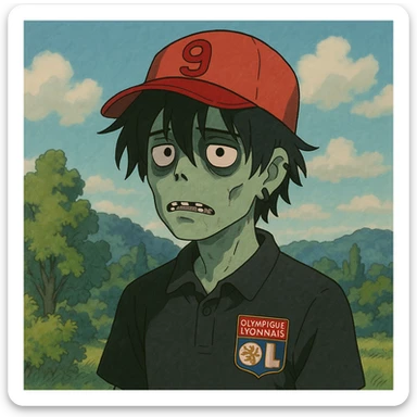 zombie boy, black emo hair, piercing, black polo shirt with Lyon logo, red cap with '9', ghibli-inspired style sticker