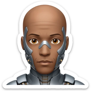 bald black man, vertical half of his face fully covered in cyborg augmentations sticker
