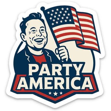 bold emblem for 'Party America' with a cartoonish creature resembling Elon Musk, holding a flag, and the words 'Party America' in a prominent, modern font, using US flag colors sticker