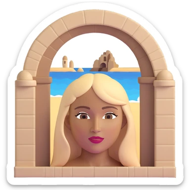 close-up of a woman's face with darker blonde straight hair, light brown skin, with the three iconic arches of Atalaia Beach (Aracaju-SE) prominently displayed very close in the background, middle arch taller with round tops, made of tiles sticker