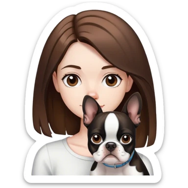 Pale girl with shoulder length, brown hair, and black and white Boston terrier sticker