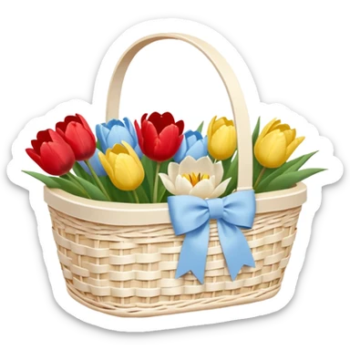 A white Picnic basket with pastel blue bow, white peonie, tulips sticker