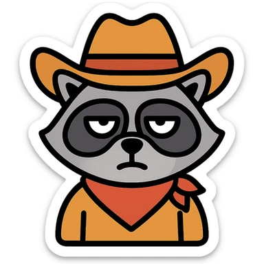 raccoon dressed as a cowboy, rolling his eyes, color outline icon sticker