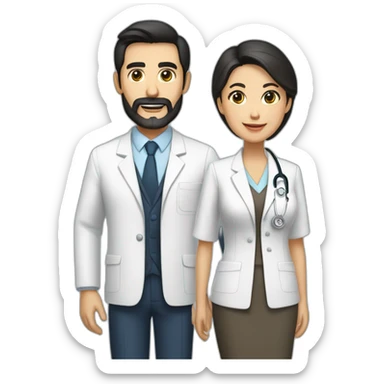 husband middle aged executive classic dark hair thin beard wearing business suit, with wife filipina age 55 dark hair wearing nurse uniform sticker