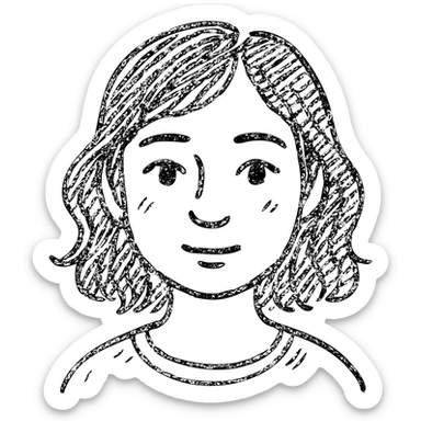 portrait of an Asian girl with medium brown wavy hair and brown eyes, hand-drawn outlined icon sticker