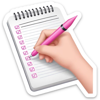 a hand writing a checklist with a pink pen in a notebook sticker