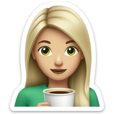 Girl with darkblonde hair, green eyes and a coffee cu sticker
