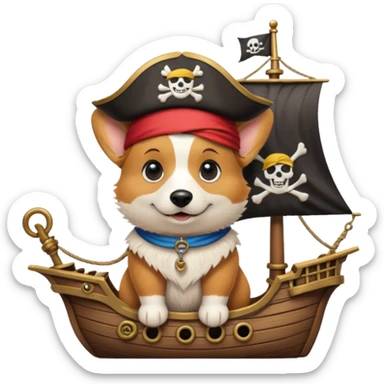cartoon pirate corgi standing on a pirate ship, playful and adventurous, vibrant colors sticker