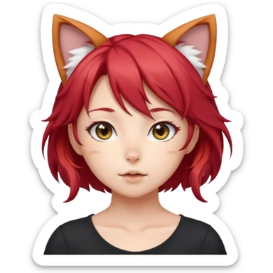 cute anime girl with cat ears, red blowing hair sticker