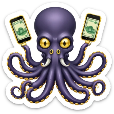 Intimidating octopus with pearl black skin, neon suction cups. Evil glaring eyes. Wearing white face mask and thick gold chain. 2 tentacles are holding their own cellphone, 2 more tentacles are holding stacks of money. sticker