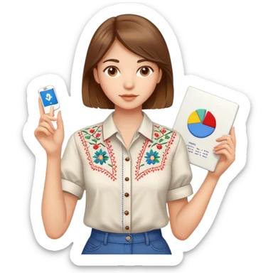 A Ukrainian girl with brown hair in an embroidered shirt holds a diagram in her hand sticker