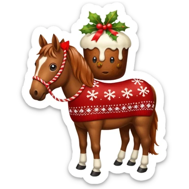 Xmas horse with red bows and a Christmas pudding jumper sticker
