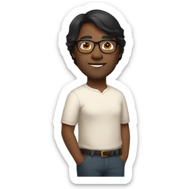 45-year-old dark-skinned person, straight black hair, side-swept hairstyle, light brown skin, oval face, wears glasses, brown eyes, sticker