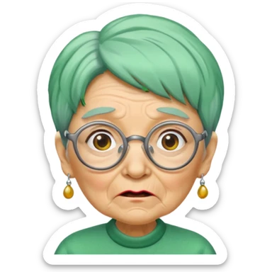 green haired grandma with wrinkles and glassess, surprised sticker
