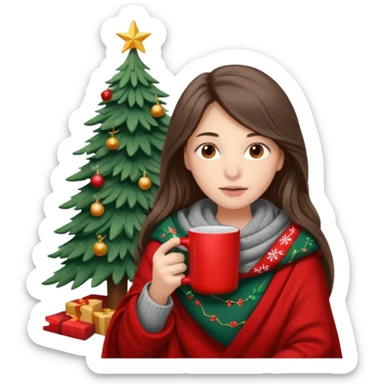 Brown eyes, fair skin, hooked nose, full lips, long hair down to her shoulders, wrapped in a gray blanket, drinking from a red mug with a Christmas tree sticker