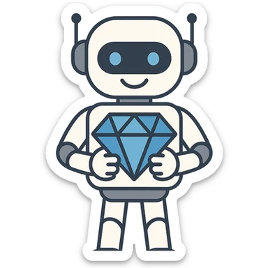 flat design style smiling robot holding a blue diamond sticker