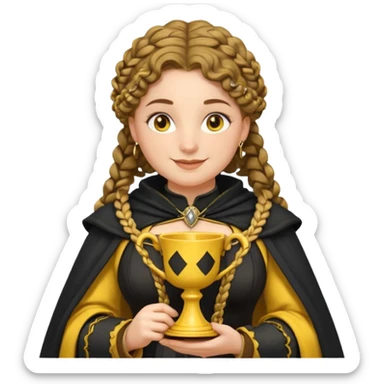 Helga Hufflepuff, 2 curly thick brown braids, yellow-black medieval dress, black cloak decorated with gold braiding, tiny two-handled shiny yellow-gold cup, very kind smile, curvy busty sweet woman, thick rosy cheeks sticker