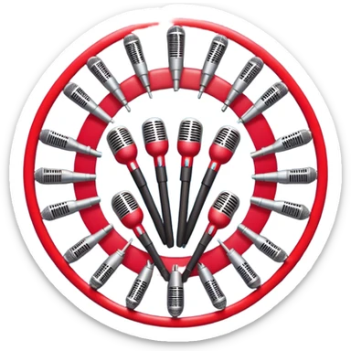 Create a vibrant and dynamic emoji that represents choral vocal performance. The design should feature 10 vintage stage microphones arranged in a semi-circle on a concert stage, symbolizing a vocal group or choir. Add musical notes flowing around the microphones to represent harmony and unity in the performance. Include concert lighting and a celebratory atmosphere to convey the excitement of live music. Use bright, bold colors like red, gold, and silver to emphasize the energy and glamour of the stage. The background should be transparent. sticker