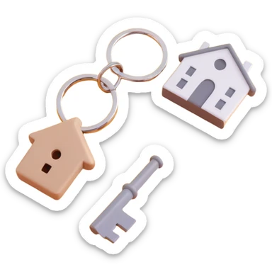 keychain with a beige sand-gray key and a white house-shaped key fob, 3D Emoji style, soft shadows and highlights, transparent background, no decoration, close-up view sticker