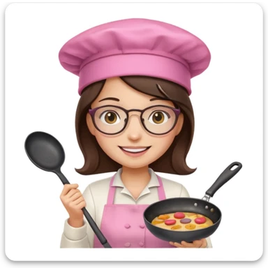 brunette girl with glasses and a pink kitchen hat cooking, holding a frying pan, emoji style sticker