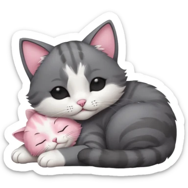 dark grey and white small cat with his eyes closed, leaning his head on his paw while leaning on his elbow lying down sticker