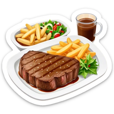 big juicy australian steak meal featuring chips, small salad in a ramiken and gravy  sticker