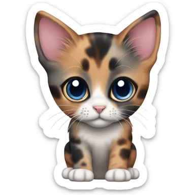 Cute, dusty rose, dark grey and white tortoiseshell kitten. Full view of cat. Deep blue eyes and pink nose sticker