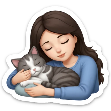 Brunette girl  sleeping with grey white  cat sticker