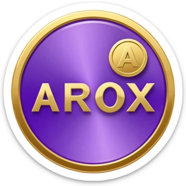 A purple coin spinning in the air. On the front side of the coin, the word 'Arox' is written in large, modern, and shiny letters. Just below 'Arox', in smaller size and simple font, it says 'WEB | SCRIPT | SITE'. The background is dark, with cinematic lighting highlighting the coin’s shine. sticker