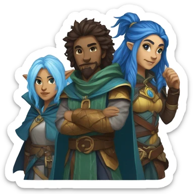 A dungeons and dragons team consisting of a human rogue,a blue Druid firbolg, a lion paladin and a female elf wizard sticker