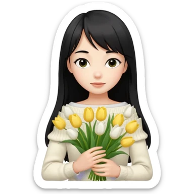 cute girl with long black hair, thin bangs, black eyes, cream off-shoulder sweater, holding a bouquet of white tulips sticker