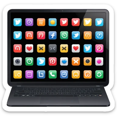 A black laptop displaying app icons in a 6x4 grid sticker