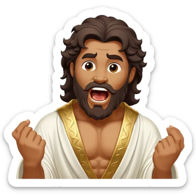 Cinematic Realistic Hercules Portrait, head tilted slightly with a dramatic, wide-open yawn, capturing a moment of relaxed vulnerability in this Disney-inspired Greek hero reminiscent of Michelangelo's David. His idealized bronze skin and thick, wavy dark hair maintain sculptural perfection even in repose, while his flowing white robe with understated golden accents softly catches ambient light, revealing a tender glimpse of serene, timeless strength. sticker