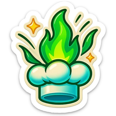 chef's hat explode with trails of fires, emoji, playful, magic flame green gradient, vibrant, flame matching style reference file sticker