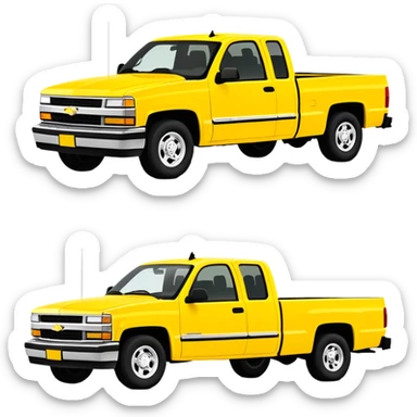 Iconic yellow 1997 Chevrolet C-2500 Crew Cab Silverado from Tarantino's Kill Bill, 30-degree perspective showing front and side, vibrant yellow paint job, minimalist style, iOS emoji sticker