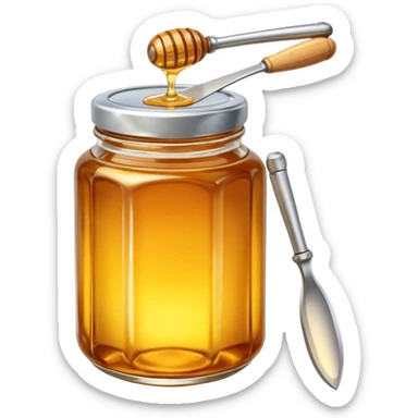 honey jar with golden honey and a metal knife beside it sticker