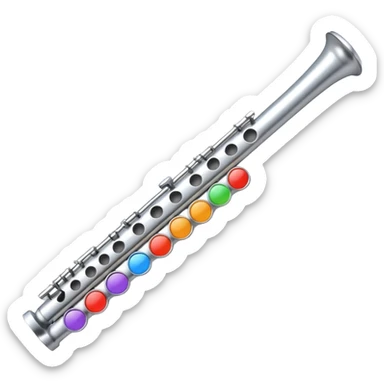 cartoon-style metal flute with buttons, mouthpiece visible, playful and colorful, emoji-like sticker