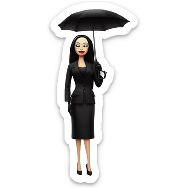 Morticia Addams at a rainy funeral holding umbrella. funeral mask,gloves, small purse.Gal on the Go Barbie  sticker