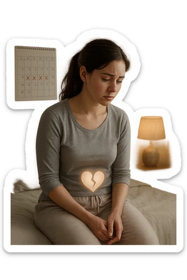 3D realistic medical illustration: a young woman in her 20s or 30s sits on the edge of a bed in a softly lit bedroom, looking thoughtful and slightly concerned. She wears comfortable loungewear, her posture is slouched, and her expression is subdued. Subtle visual cues—such as a faded calendar with missed menstrual cycles and a dimmed heart or energy icon near her abdomen—symbolize low libido and amenorrhea. The scene is realistic, intimate, and empathetic. sticker