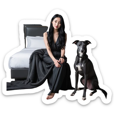 Very thin Chinese woman with long black hair relaxing in a luxurious hotel suite with exactly ONE whippet dog. EXTREME IMPORTANCE: the whippet must be ONE SOLID VERY DARK CHARCOAL GREY COLOR from nose to tail with ABSOLUTELY NO WHITE MARKINGS anywhere - NO white on face, NO white on muzzle, NO white on chest, NO white on paws, NO white on tail - NOTHING BUT A SINGLE SHADE OF VERY DARK GREY throughout the entire animal sticker