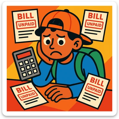 A student with a calculator and a frown, surrounded by unpaid bills sticker