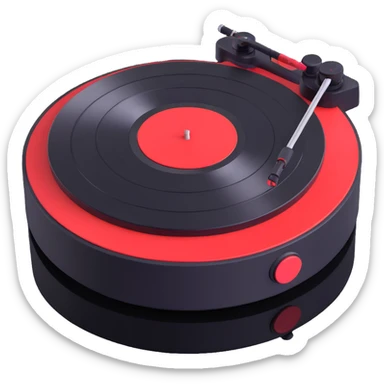 Technics-style turntable in 3D, Disney Pixar animation style, playful rounded features, vibrant colors, black and red as main colors sticker